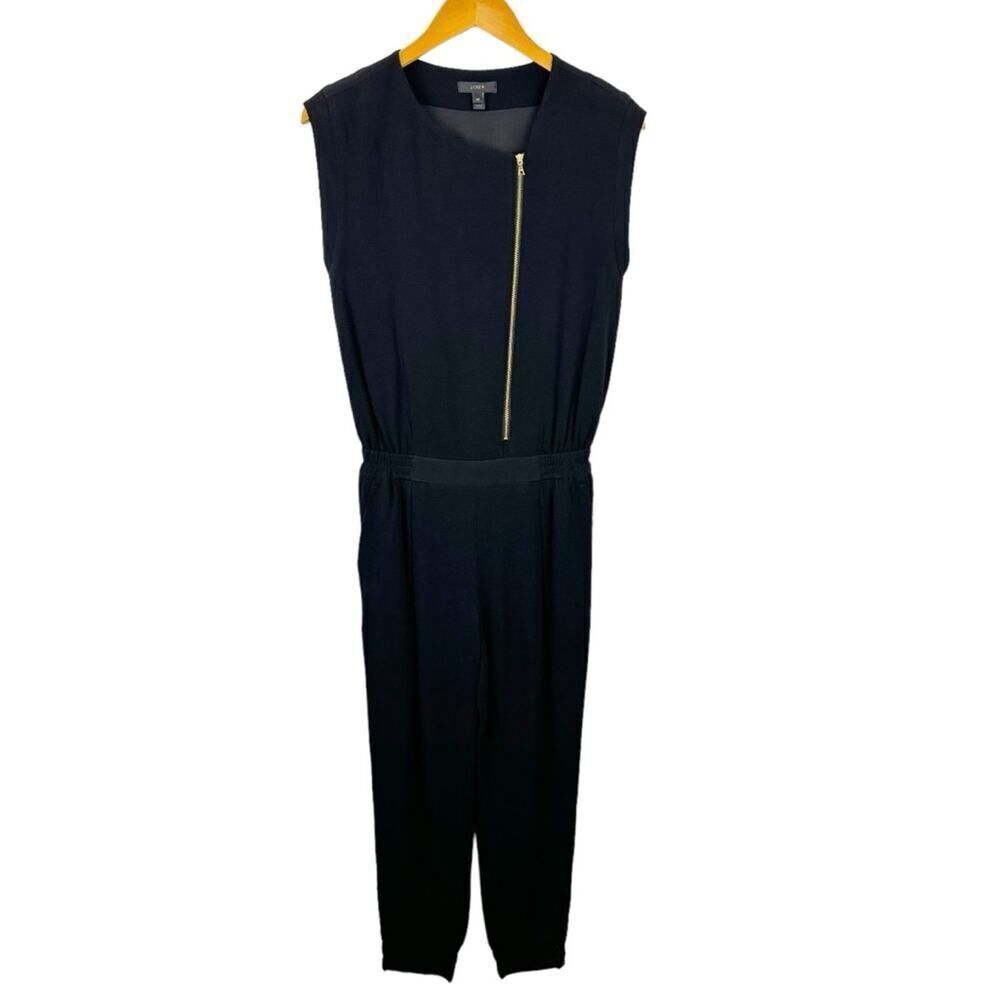 J. Crew Asymmetrical Zip Jumpsuit Black Jogger Ankle Elastic Waist Sleeveless 4P - Picture 2 of 16